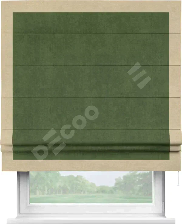 Римская штора «Кортин» с кантом Чесс, для проема, ткань вельвет тёмно-салатовый