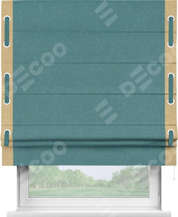 Римская штора «Кортин» с кантом Стрим Дуо (люверсы с пояском), для проема, ткань лён бирюзовый
