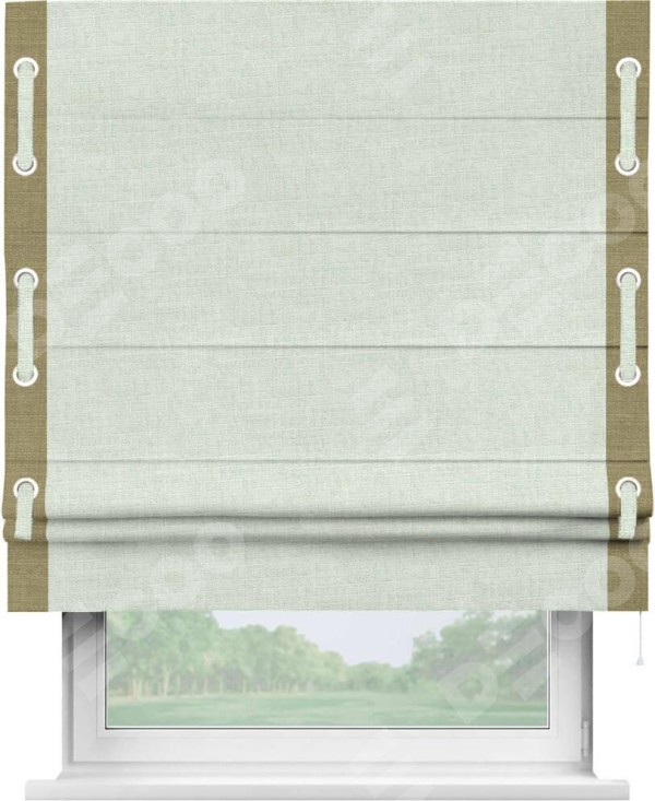 Римская штора «Кортин» для проёма, лён топлёное молоко, с кантом Стрим Дуо (люверсы с пояском)