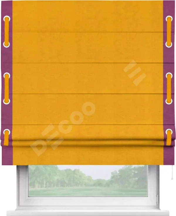 Римская штора «Кортин» с кантом Стрим Дуо (люверсы с пояском), для проема, ткань вельвет желтый
