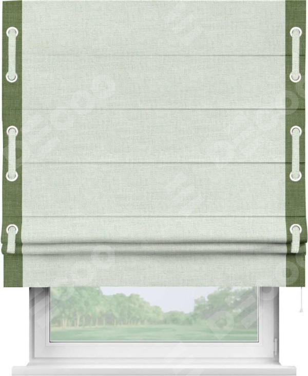Римская штора «Кортин» для проёма, лён топлёное молоко, с кантом Стрим Дуо (люверсы с пояском)