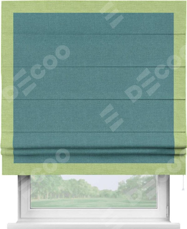 Римская штора «Кортин» с кантом Чесс, для проема, ткань лён бирюзовый