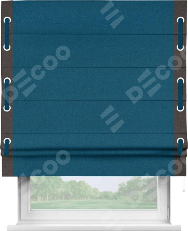 Римская штора «Кортин» с кантом Стрим Дуо (люверсы с пояском), для проема, ткань лён димаут, синий