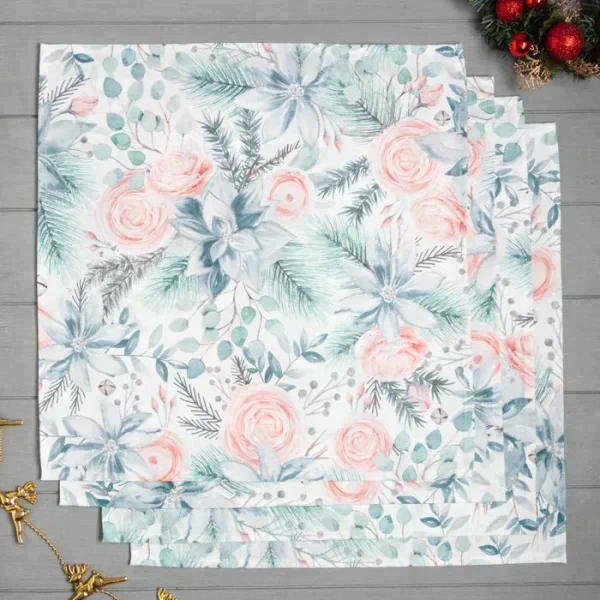 Набор новогодних салфеток Этель "Christmas flowers" 46х46 см - 4шт., 100%хл, саржа 190 г/м2