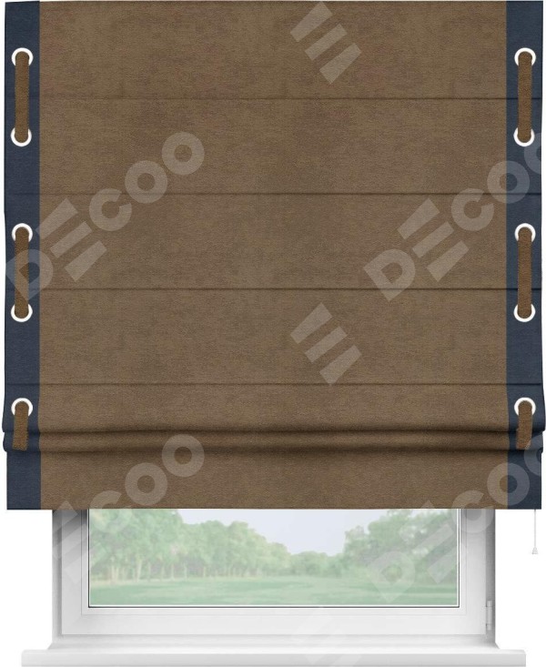 Римская штора «Кортин» с кантом Стрим Дуо (люверсы с пояском), для проема, ткань софт однотонный бронзовый