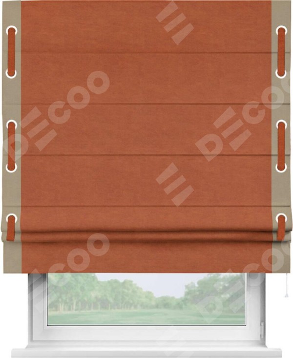 Римская штора «Кортин» с кантом Стрим Дуо (люверсы с пояском), для проема, ткань вельвет терракотовый