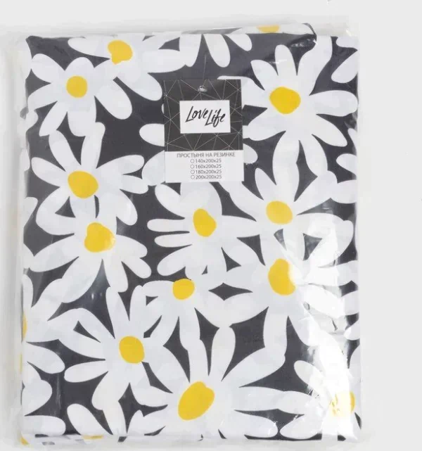 Простыня на резинке LoveLife 180*200*25см, "Ромашки", 100% хлопок, сатин, 125г/м²