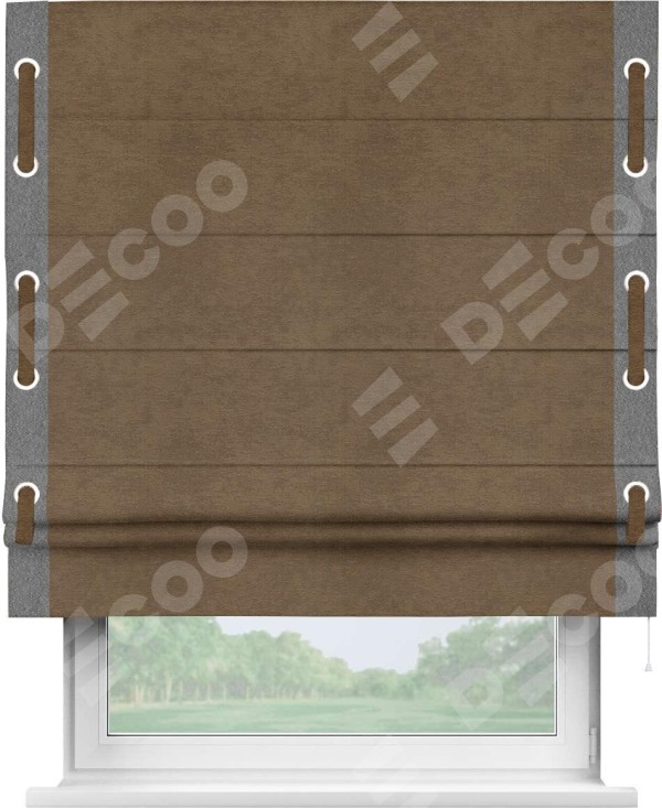 Римская штора «Кортин» с кантом Стрим Дуо (люверсы с пояском), для проема, ткань софт однотонный бронзовый