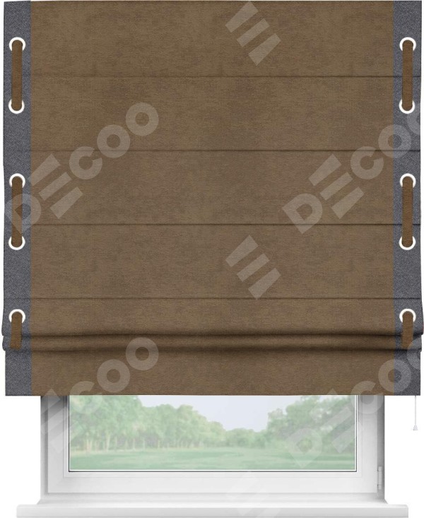 Римская штора «Кортин» с кантом Стрим Дуо (люверсы с пояском), для проема, ткань софт однотонный бронзовый