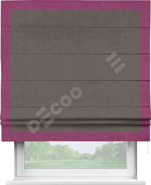 Римская штора «Кортин» с кантом Чесс, для проема, ткань вельвет коричневый