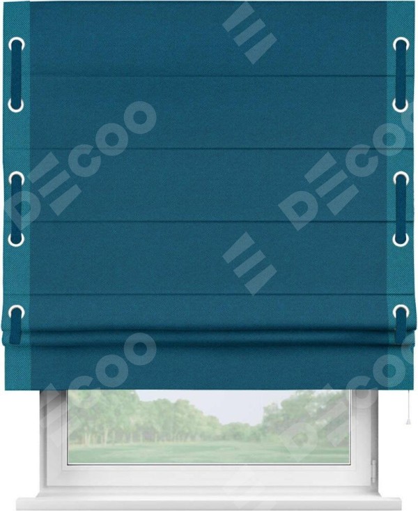 Римская штора «Кортин» с кантом Стрим Дуо (люверсы с пояском), для проема, ткань лён димаут, синий