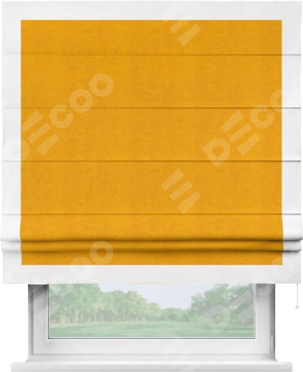 Римская штора «Кортин» с кантом Чесс, для проема, ткань вельвет желтый