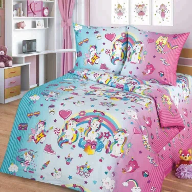 Постельное бельё 1,5сп Миланика Единорожки 145х217см, 150х217см, 70х70см 2 шт, поплин 108г/м, хлопок 100%